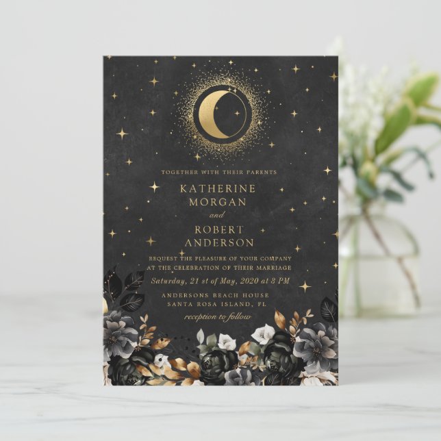 Celestial Floral Black Stars Moon Wedding Invitation (Standing Front)