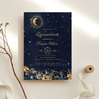 Celestial Floral Blue Gold Stars Quinceanera