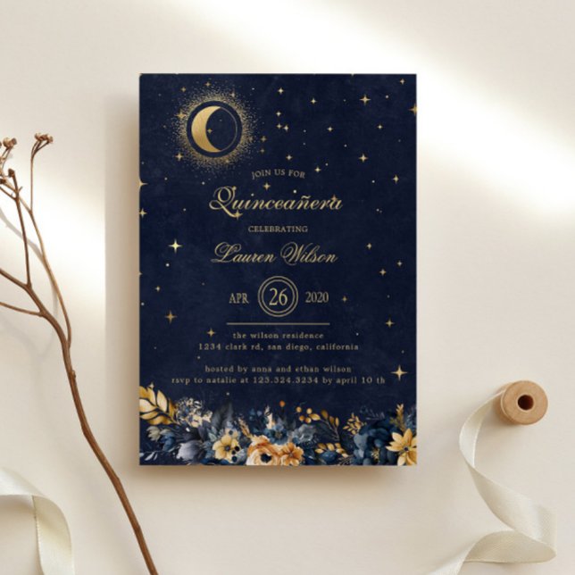 Celestial Floral Blue Gold Stars Quinceanera Invitation (Creator Uploaded)