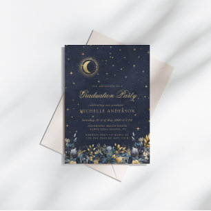 Celestial Floral Blue Stars Moon Graduation Party Invitation