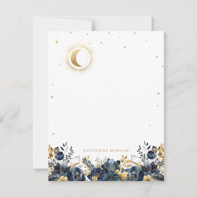 Celestial Floral Blue Stars Moon Wedding Card (Front)