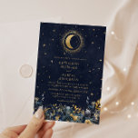 Celestial Floral Blue Stars Moon Wedding Invitation<br><div class="desc">Our "Celestial Gold" collection features a beautiful crescent moon with gold stars in various designs on a velvet midnight blue background paired with elegant fonts. Easy for you to customise and you can choose among many items from this collection in our store.</div>