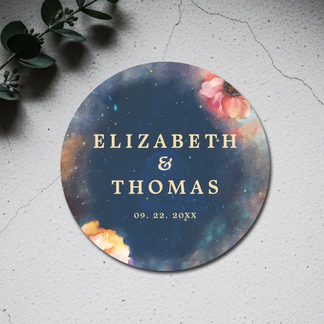 Celestial Floral Galaxy Starry Night Blue Wedding Classic Round Sticker (celestial floral galaxy wedding sticker watercolor navy blue starry night written in the stars)