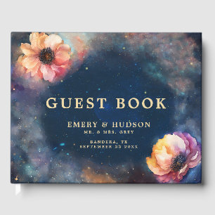Celestial Floral Galaxy Starry Night Blue Wedding Guest Book