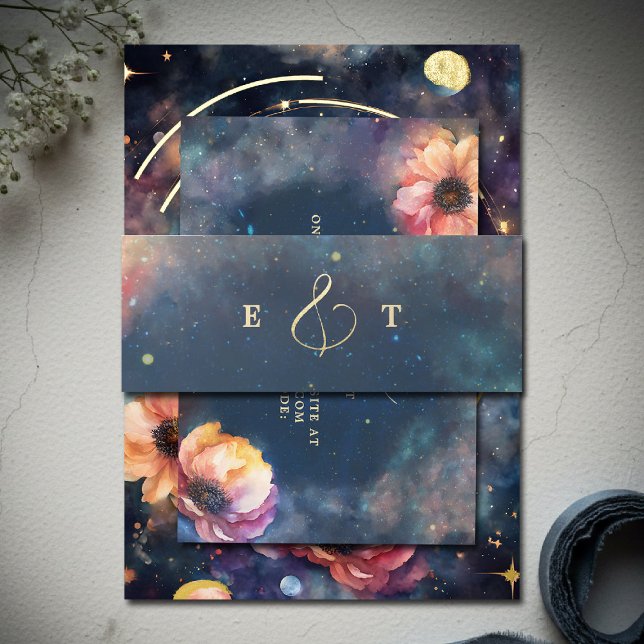 Celestial Floral Galaxy Starry Night Blue Wedding Invitation Belly Band (celestial floral galaxy wedding belly band watercolor navy blue starry night written in the stars)