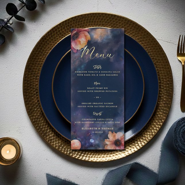 Celestial Floral Galaxy Starry Night Blue Wedding Menu (celestial floral galaxy wedding menu watercolor navy blue starry night written in the stars)