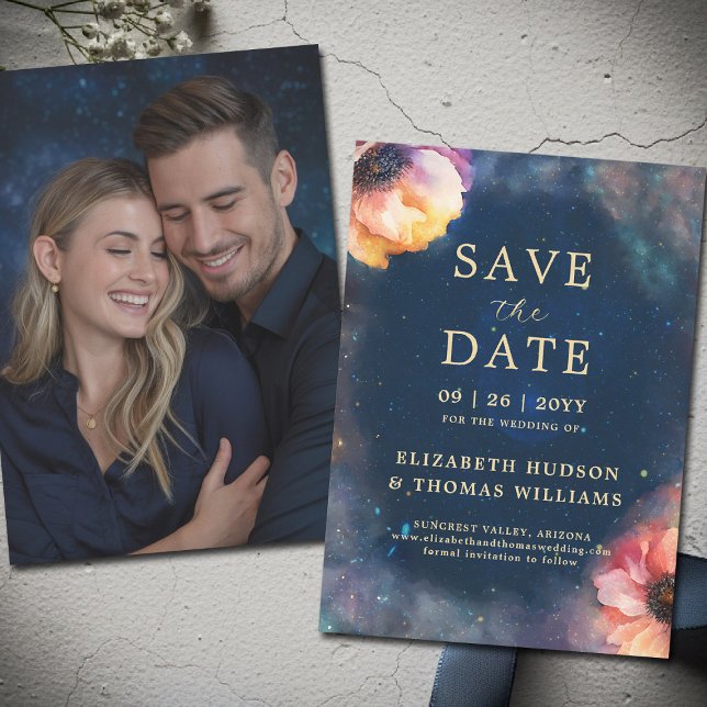 Celestial Floral Galaxy Starry Night Blue Wedding  Save The Date (celestial floral galaxy wedding save the date watercolor navy blue starry night written in the stars)