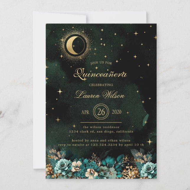 Celestial Floral Green Gold Stars Quinceanera Invitation (Front)