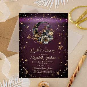 Celestial Floral Moon,Stars Burgundy Bridal Shower Invitation