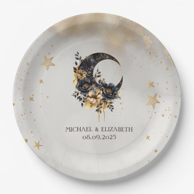Celestial Floral Moon,Stars Paper Plate (Front)