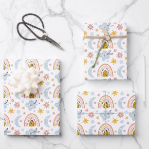 Celestial Floral & Rainbow Pattern Wrapping Paper Sheet