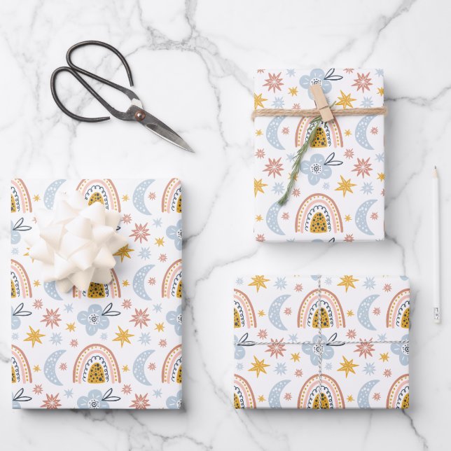 Celestial Floral & Rainbow Pattern Wrapping Paper Sheet (Front)