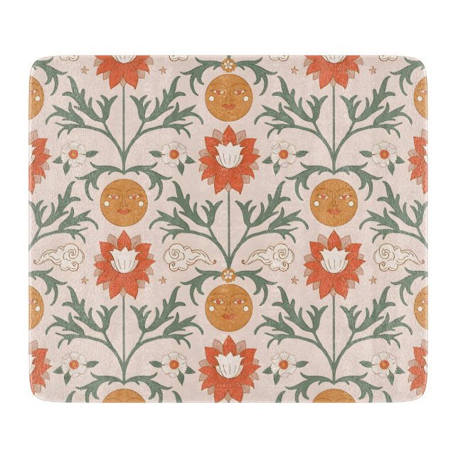 Celestial Floral Sunburst Seamless Pattern Design Cutting Board (Front)
