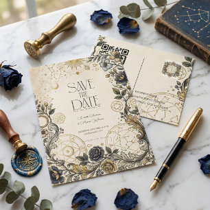 Celestial Floral Vintage Wedding QR Save The Date Postcard