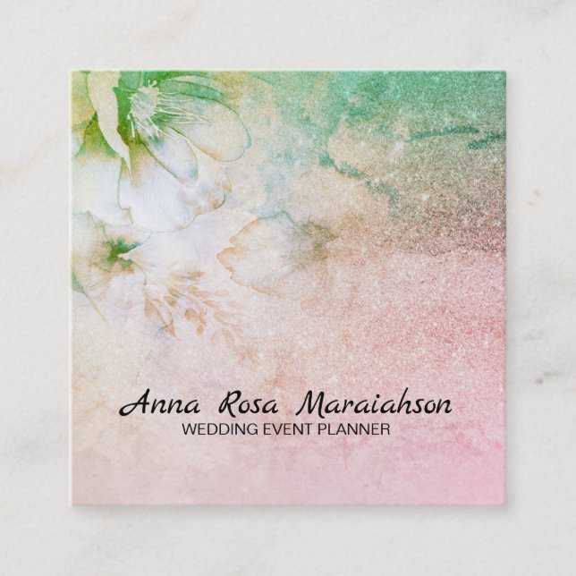 *~* Celestial Floral Watercolor Glitter Turquoise Square Business Card (Front)