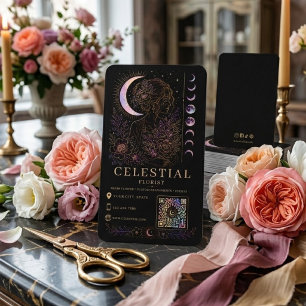 Celestial Florist Luxury Black Gold QR Business Card