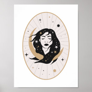 Celestial Flowing Hair Goddess Moon Mystic Art Poster