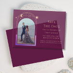 Celestial Fuchsia Gold Photo Wedding Save The Date Vellum Invitations<br><div class="desc">Celestial Chic Blue Gold Photo Wedding Vellum Save The Dates Invitations features a purple and gold coloured sun, moon and stars frame on an elegant fuchsia background. Inside is your favourite photo and your custom save the date information. Personalise by editing the text in the text boxes. Designed for you...</div>
