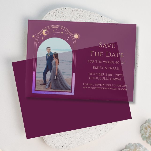 Celestial Fuchsia Gold Photo Wedding Save The Date Vellum Invitations (Creator Uploaded)