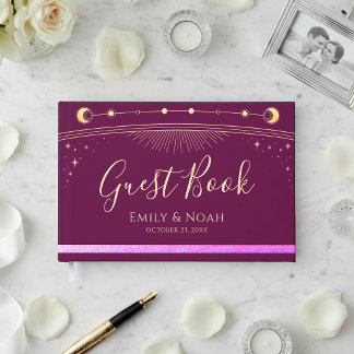 Celestial Fuchsia Gold Sun Moon Stars Wedding  Guest Book