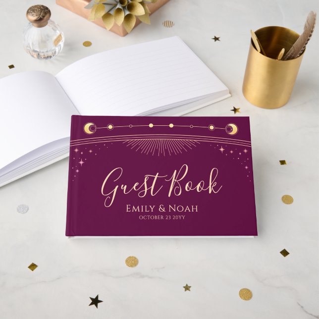 Celestial Fuchsia Gold Sun Moon Stars Wedding Guest Book (Front Open)