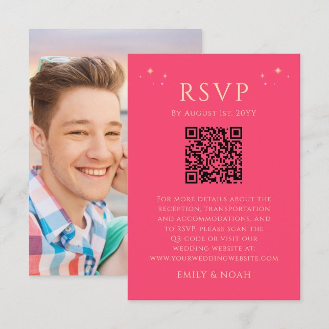 Celestial Fuchsia Pink Budget QR Code RSVP Photo Enclosure Card (Front/Back)
