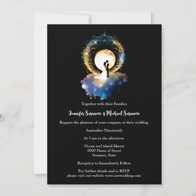 Celestial full moon couple starry night black blue invitation (Front)