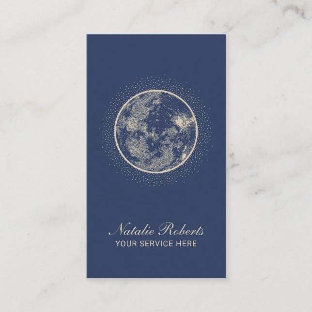 Celestial Full Moon Elegant Navy Blue Business Card (Front)
