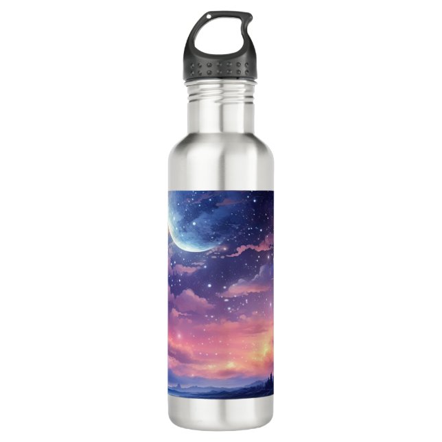 Celestial Full Moon Stars Clouds Mystical Purple 710 Ml Water Bottle (Front)