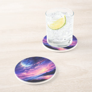 Celestial Full Moon Stars Clouds Mystical Purple Coaster