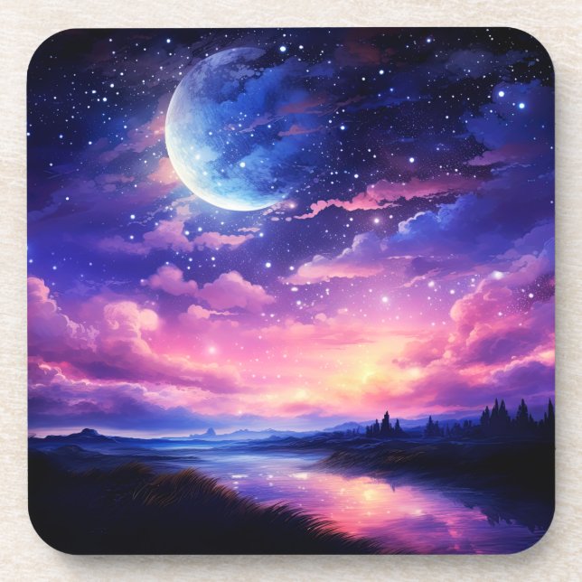 Celestial Full Moon Stars Clouds Mystical Purple Coaster (Front)