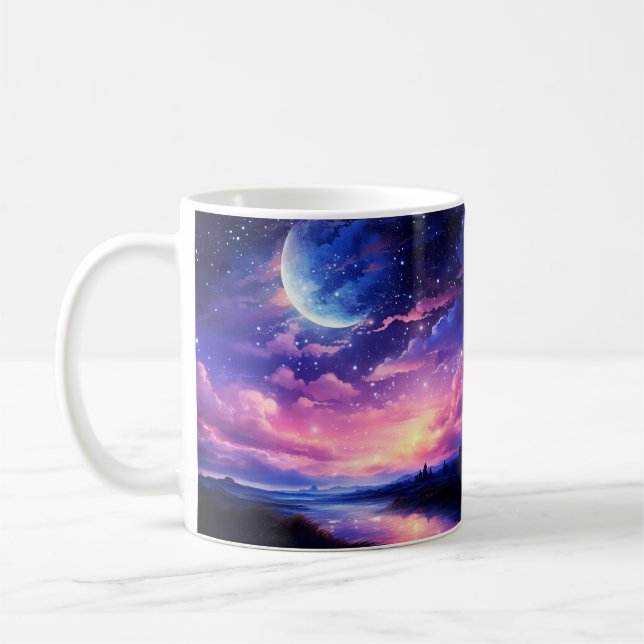 Celestial Full Moon Stars Clouds Mystical Purple Coffee Mug (Left)