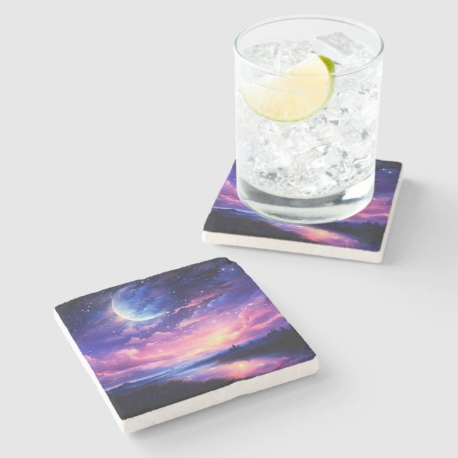 Celestial Full Moon Stars Clouds Mystical Purple Stone Coaster (Side)