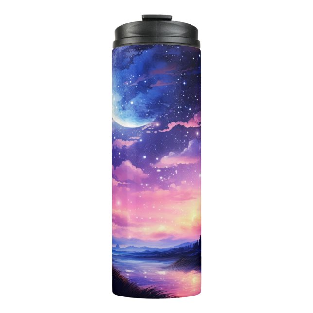 Celestial Full Moon Stars Clouds Mystical Purple Thermal Tumbler (Front)