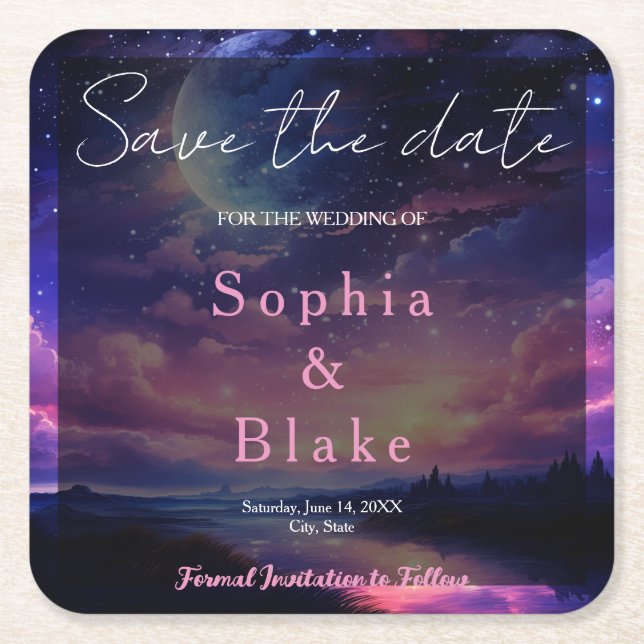 Celestial Full Moon Stars Wedding Save the Date Square Paper Coaster (Front)