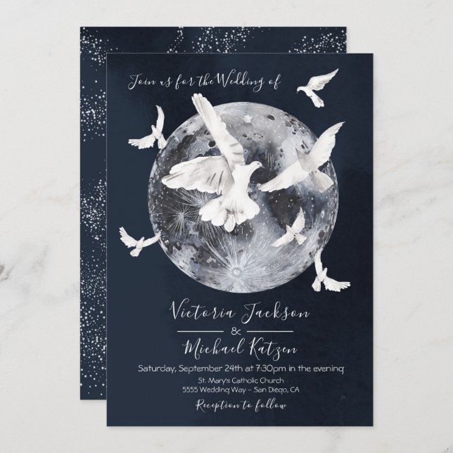 Celestial Full Moon with doves Wedding invitations (Front/Back)