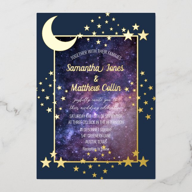 Celestial Galaxy Cosmos Moon Sky Gold Foil Wedding (Front)