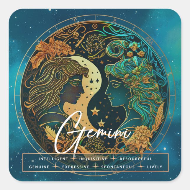 Celestial Galaxy Gemini Twins Fantasy Star Zodiac Square Sticker (Front)