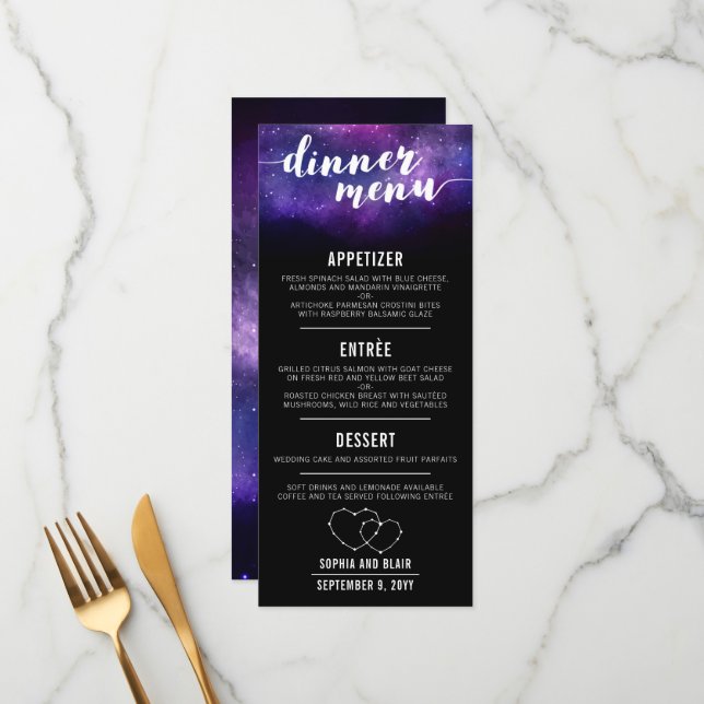 Celestial Galaxy Hearts Stars Wedding Dinner Menu (Front/Back In Situ)