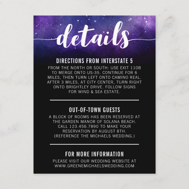 Celestial Galaxy Star Wedding Details / Directions Enclosure Card (Front)