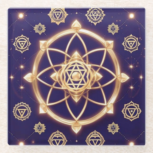 Celestial Geometry of Light — Sacred Pattern Glass Coaster (Front)