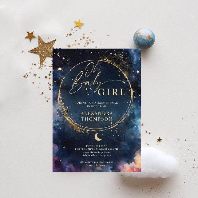 Celestial Gift Midnight Blue Elegant Baby Shower Invitation (celestial baby shower invitation twinkle star moon cosmos galaxy dark navy blue gold)
