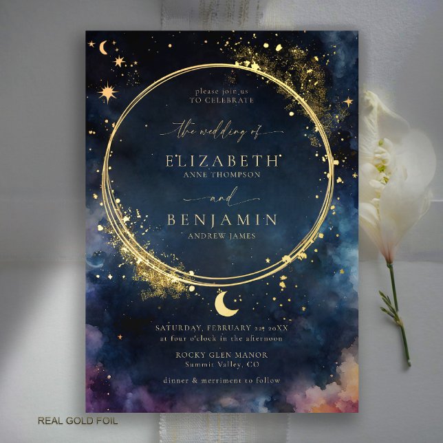 Celestial Gift Midnight Blue Elegant Gold Wedding (celestial wedding invitation gold foil watercolor starry night sky galaxy universe astrology)