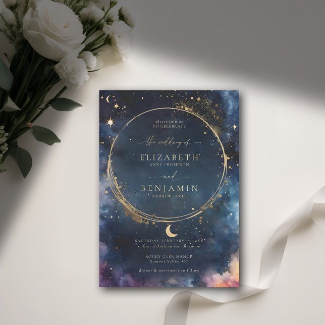 Celestial Gift Midnight Blue Elegant Gold Wedding Invitation (celestial wedding invitation elegant frame watercolor moon stars sky modern classic navy blue)
