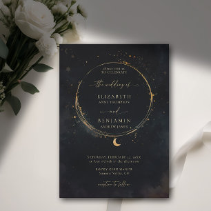 Celestial Gift Moody Dark Elegant Gold Wedding Invitation