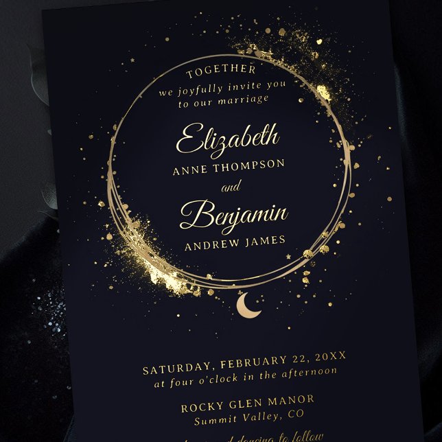 Celestial Gift Moody Navy Elegant Wedding Gold (celestial wedding invitation elegant modern frame moon stars sky frame moody dark gold foil)