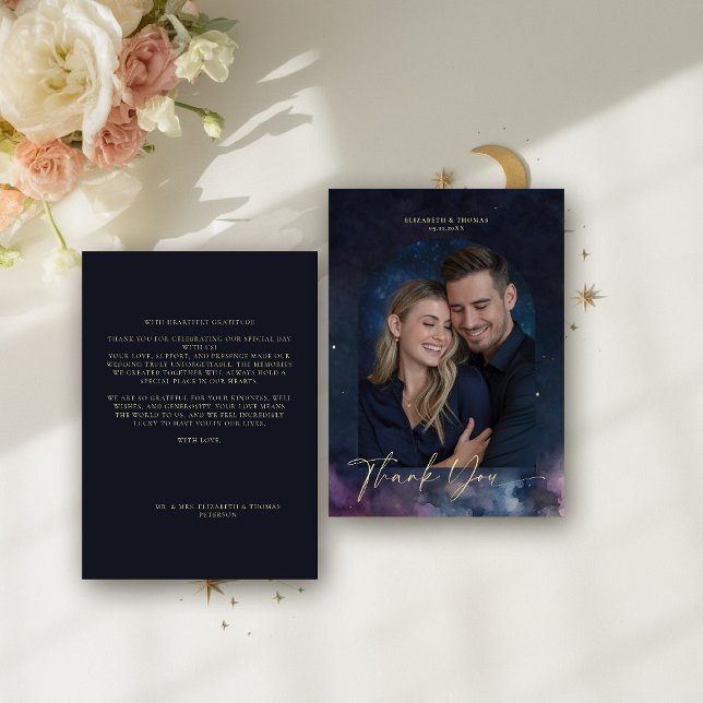 Celestial Gift Stars Cosmic Galaxy Navy Blue Photo Thank You Card (celestial thank you photo card watercolor starry night sky galaxy universe cosmic navy blue gold)