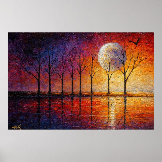 Celestial Glow - Bare Trees in Lunar Reflection Poster (Front)