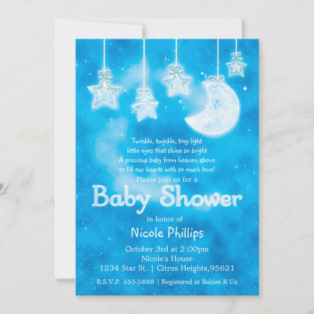Celestial Glowing Stars Moon Blue Sky Baby Shower Invitation (Front)