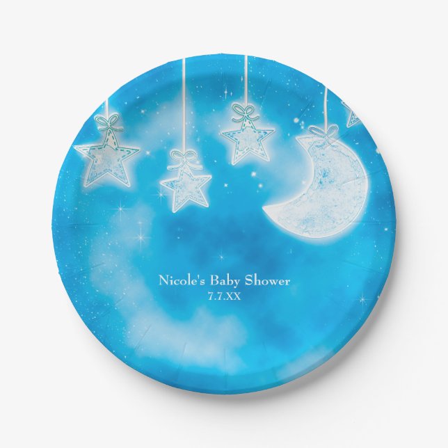 Celestial Glowing Stars & Moon Blue Sky Shower Paper Plate (Front)